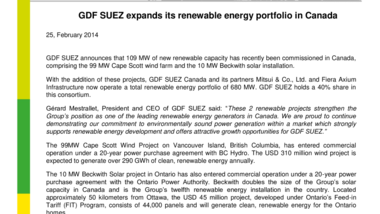 GDF SUEZ expands its renewable energy portfolio in Canada