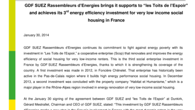 GDF SUEZ Rassembleurs d’Energies brings it supports to “les Toits de l’Espoir” and achieves its 3rd energy efficiency investment for very low income social housing in France