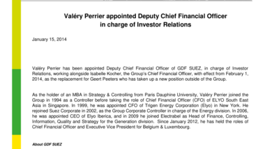 Valéry Perrier appointed Deputy Chief Financial Officer in charge of Investor Relations