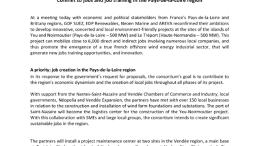Offshore wind - GDF SUEZ, EDP Renewables, Neoen Marine and AREVA Commit to jobs and job training in the Pays-de-la-Loire region