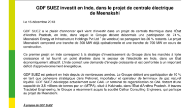 GDF SUEZ investit en Inde, dans le projet de centrale électrique de Meenakshi