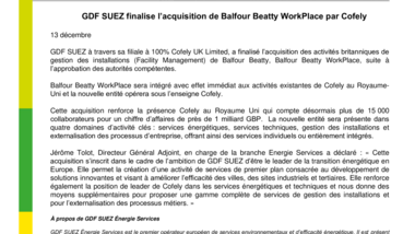 GDF SUEZ finalise l’acquisition de Balfour Beatty WorkPlace par Cofely