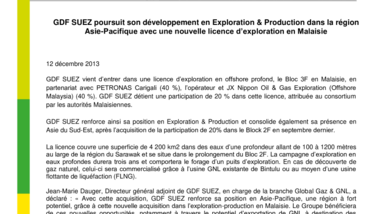 GDF SUEZ poursuit son développement en Exploration & Production dans la région Asie-Pacifique avec une nouvelle licence d’exploration en Malaisie