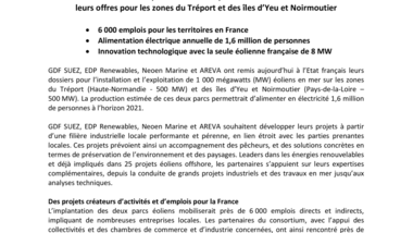 Eolien en mer : GDF SUEZ, EDP Renewables, Neoen Marine et AREVA remettent leurs offres pour les zones du Tréport et des îles d’Yeu et Noirmoutier