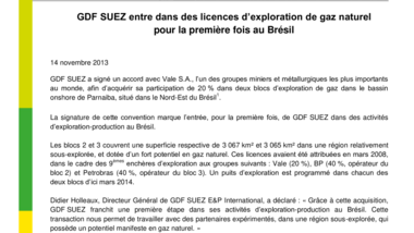 GDF SUEZ entre dans des licences d’exploration de gaz naturel pour la première fois au Brésil
