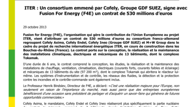 ITER : un consortium emmené par Cofely, Groupe GDF SUEZ, signe avec Fusion For Energy (F4E) un contrat de 530 millions d’euros