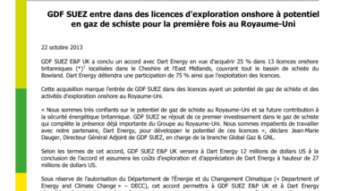 GDF SUEZ entre dans des licences d'exploration onshore à potentiel en gaz de schiste pour la première fois au Royaume-Uni