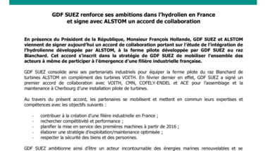 GDF SUEZ renforce ses ambitions dans l’hydrolien en France et signe avec ALSTOM un accord de collaboration
