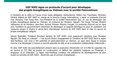 GDF SUEZ signe un protocole d’accord pour développer des projets énergétiques au Vietnam avec la société Petrovietnam