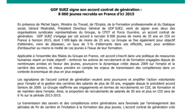 GDF SUEZ signe son accord contrat de génération : 8 000 jeunes recrutés en France d’ici 2015