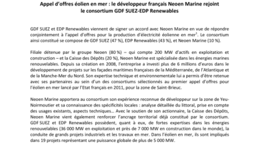 Appel d’offres éolien en mer : le développeur français Neoen Marine rejoint le consortium GDF SUEZ-EDP Renewables