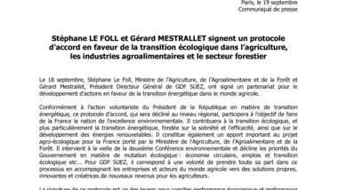 Stéphane LE FOLL et Gérard MESTRALLET signent un protocole d’accord en faveur de la transition écologique dans l’agriculture, les industries agroalimentaires et le secteur forestier