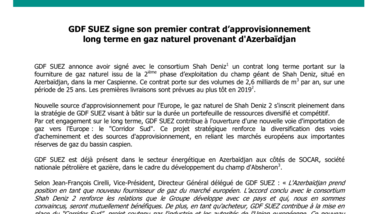 GDF SUEZ signe son premier contrat d’approvisionnement long terme en gaz naturel provenant d'Azerbaïdjan
