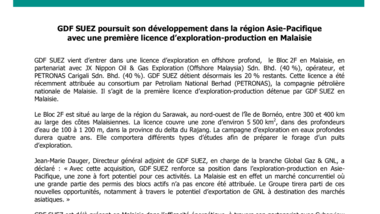 GDF SUEZ poursuit son développement dans la région Asie-Pacifique avec une première licence d’exploration-production en Malaisie