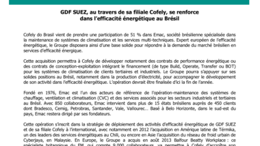 GDF SUEZ, au travers de sa filiale Cofely, se renforce dans l’efficacité énergétique au Brésil