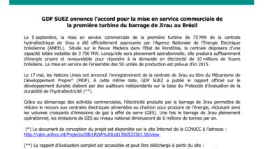 GDF SUEZ annonce l’accord pour la mise en service commerciale de la première turbine du barrage de Jirau au Brésil