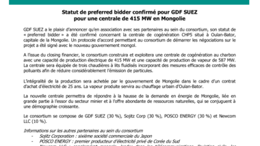 Statut de preferred bidder confirmé pour GDF SUEZ pour une centrale de 415 MW en Mongolie