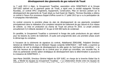 SONATRACH et GDF SUEZ annoncent une étape importante dans le développement des gisements de gaz naturel de Touat