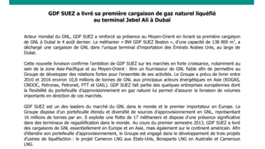 GDF SUEZ a livré sa première cargaison de gaz naturel liquéfié au terminal Jebel Ali à Dubaï