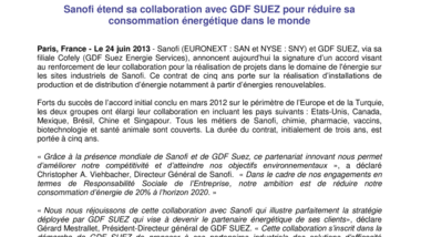 Sanofi étend sa collaboration avec GDF SUEZ pour réduire sa consommation énergétique dans le monde