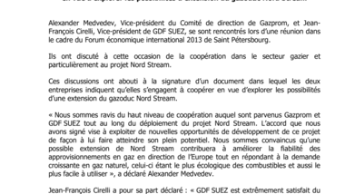 Gazprom et GDF SUEZ signent un accord en vue d’explorer les possibilités d’extension du gazoduc Nord Stream