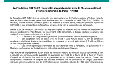 La Fondation GDF SUEZ renouvelle son partenariat avec le Muséum national d’Histoire naturelle de Paris (MNHN)