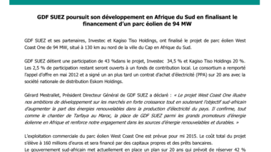 GDF SUEZ poursuit son développement en Afrique du Sud en finalisant le financement d’un parc éolien de 94 MW