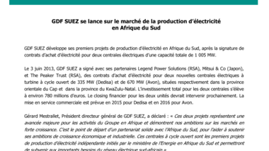 GDF SUEZ se lance sur le marché de la production d’électricité en Afrique du Sud