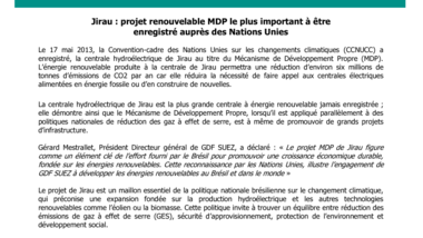 Jirau - projet renouvelable MDP le plus important à être enregistré auprès des Nations Unies