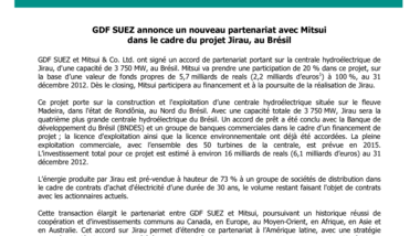 GDF SUEZ annonce un nouveau partenariat avec Mitsui dans le cadre du projet Jirau, au Brésil