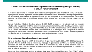 Chine : GDF SUEZ développe sa présence dans le stockage de gaz naturel, le GNL et l’environnement