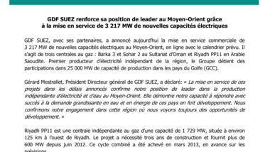 GDF SUEZ renforce sa position de leader au Moyen-Orient grâce à la mise en service de 3 217 MW de nouvelles capacités électriques