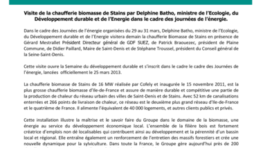 Visite de la chaufferie biomasse de Stains par Delphine Batho, ministre de l’Ecologie, du Développement durable et de l’Energie dans le cadre des journées de l’énergie
