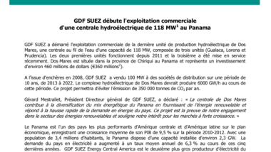 GDF SUEZ débute l'exploitation commerciale d'une centrale hydroélectrique de 118 MW* au Panama