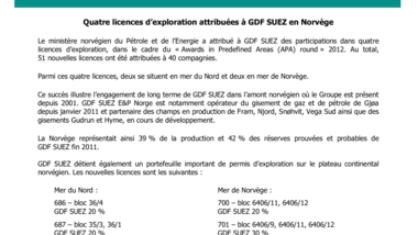 Quatre licences d’exploration attribuées à GDF SUEZ en Norvège