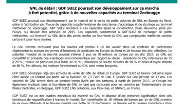 GNL de détail : GDF SUEZ poursuit son développement sur ce marché à fort potentiel, grâce à de nouvelles capacités au terminal Zeebrugge