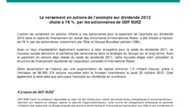 Le versement en actions de l’acompte sur dividende 2012 choisi à 78 % par les actionnaires de GDF SUEZ