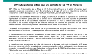 GDF SUEZ preferred bidder pour une centrale de 415 MW en Mongolie