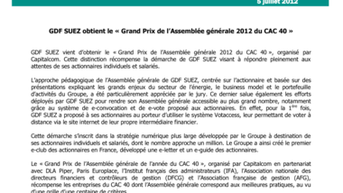 GDF SUEZ obtient le «Grand Prix de l’Assemblée générale 2012 du CAC 40»