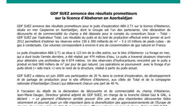 GDF SUEZ annonce des résultats prometteurs sur la licence d’Absheron en Azerbaïdjan