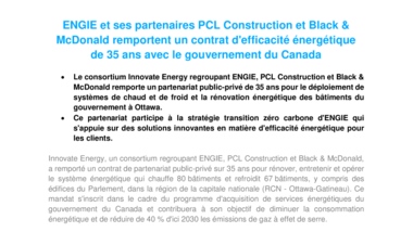 ENGIE et ses partenaires PCL Construction et Black & McDonald remportent un contrat d'efficacité énergétique de 35 ans avec le gouvernement du Canada