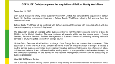 GDF SUEZ’ Cofely completes the acquisition of Balfour Beatty WorkPlace
