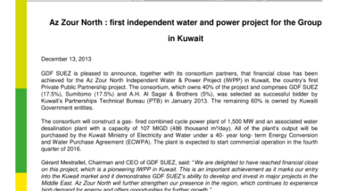 Az Zour North : first independent water and power project for the Group in Kuwait