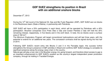 GDF SUEZ strengthens its position in Brazil with six additional onshore blocks