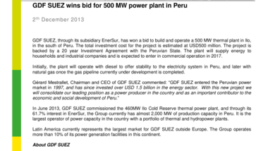 GDF SUEZ wins bid for 500 MW power plant in Peru