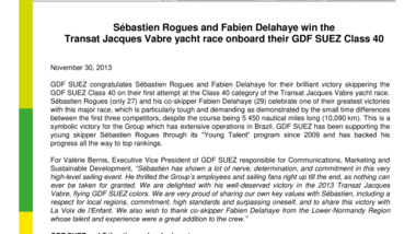 Sébastien Rogues and Fabien Delahaye win the Transat Jacques Vabre yacht race onboard their GDF SUEZ Class 40