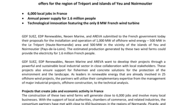 Offshore wind : GDF SUEZ, EDP Renewables, Neoen Marine and AREVA submit their offers for the region of Tréport and islands of Yeu and Noirmoutier