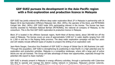 GDF SUEZ pursues its development in the Asia-Pacific region with a first exploration and production licence in Malaysia