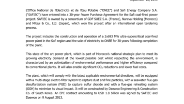 Power Purchase Agreement signed for Safi independent power project (2x693 MW) in Morocco