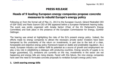 Heads of 9 leading European energy companies propose concrete measures to rebuild Europe’s energy policy